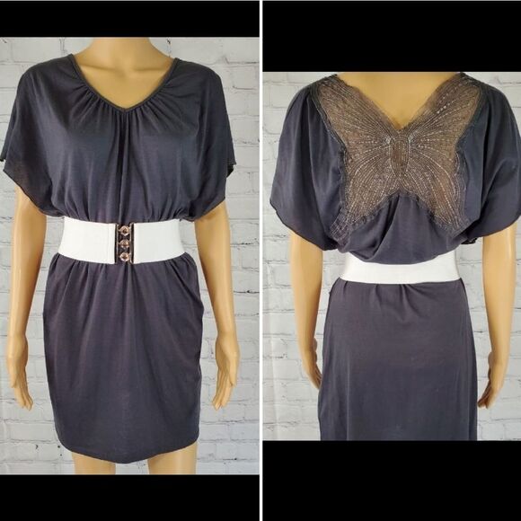 🔹️L8teR Gray Sheer Butterfly Backed Dress Small - Picture 2 of 14